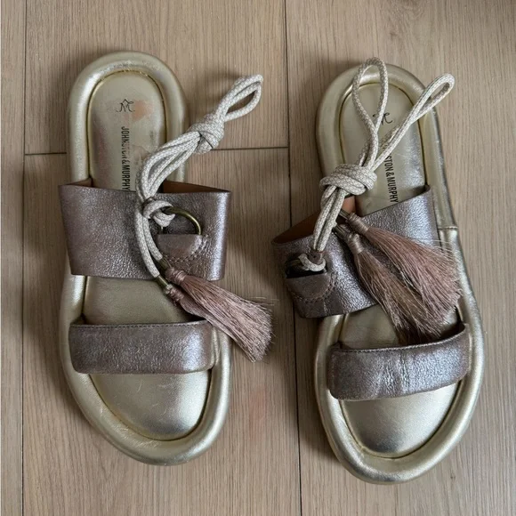 Johnston & Murphy Zoey Boho Leather Tassel Sandals • Bronze Metallic Slide - Picture 3 of 6